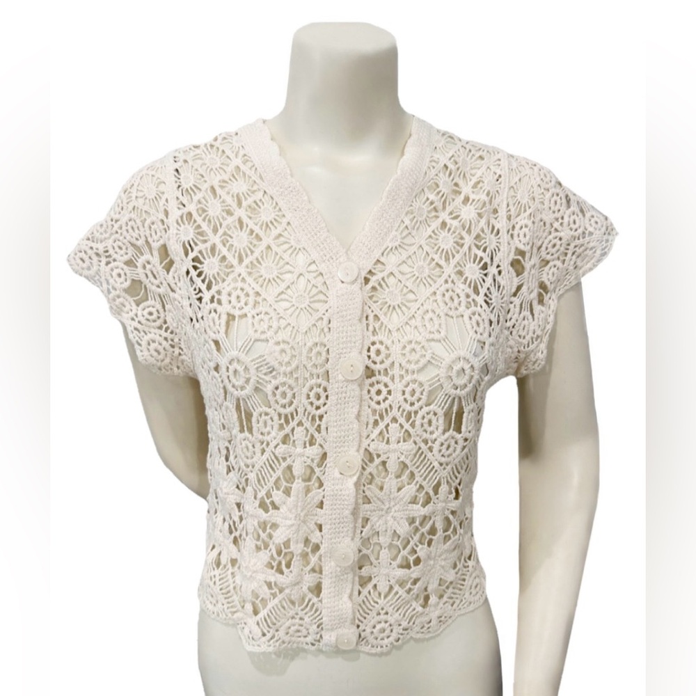 GLG Good Luck Gem Ivory Crochet Button Front Cardigan NWT Size S Boho